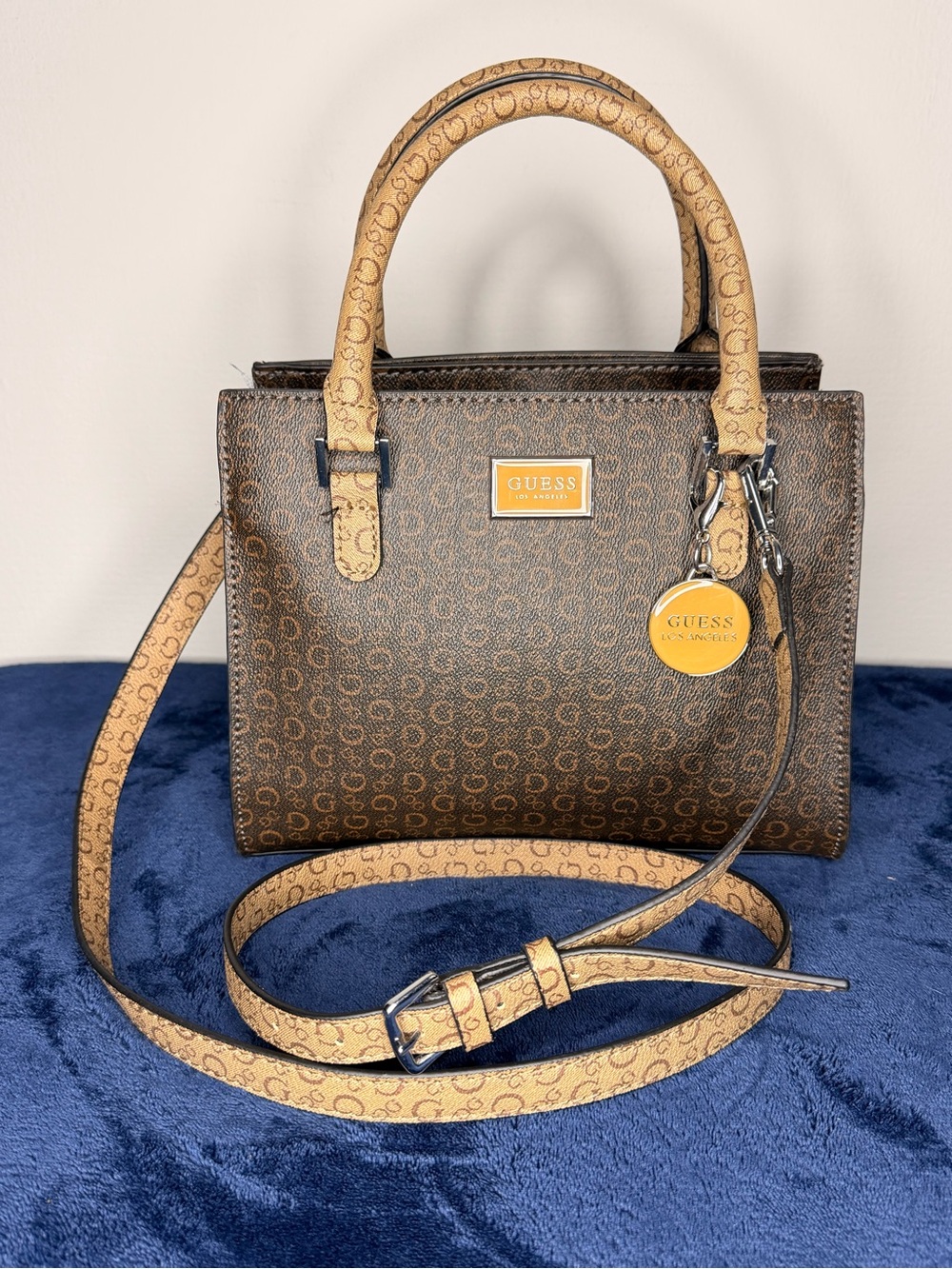 GUESS Brown and Tan Logo-Print Satchel with Shoulder Strap